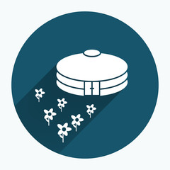 Yurta jurt icon. Mongolian, kazakh house symbol. Asian household, flowers. White sign on round dark blue flat button with long shadow. Vector illustration.