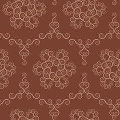 Spiral seamless lace pattern. Vintage texture. Abstract twirl figures of laurel leaves. Brown, sepia contrast colored background. Vector 