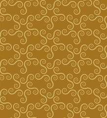 Spiral seamless lace pattern. Vintage texture. Abstract twirl figures of laurel leaves. Yellow, gold contrast colored background. Vector 