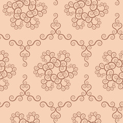 Spiral seamless lace pattern. Vintage texture. Abstract twirl figures of laurel leaves. Brown, sepia contrast colored background. Vector 