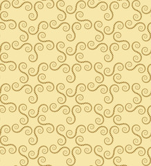 Spiral seamless lace pattern. Vintage texture. Abstract twirl figures of laurel leaves. Yellow, gold contrast colored background. Vector 