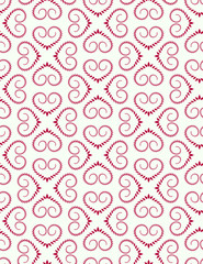 Seamless lace pattern. Vintage curled texture. Swirl floral heart signs. Twist ornament of laurel leaves. Magenta figures on dark white background. Love, birthday, Valentine day, sale. Vector