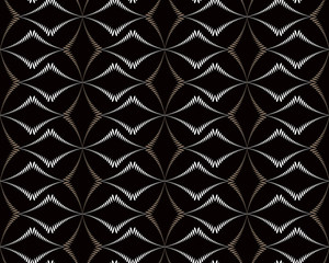 Seamless geometric abstract pattern. Diagonal rhomb shaped, braiding figure texture. Unusual rhombus bands, lines on dark background. Brown, black, gray colors. Vector