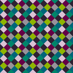 Seamless geometric checked pattern. Diagonal square, woven line background. Rhombus texture. Gray, green, vinous colors. Vector