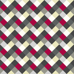 Seamless geometric checked pattern. Diagonal square, braiding, woven line background. Patchwork, rhombus, staggered texture. Red, white, gray, cold colored. Winter theme. Vector