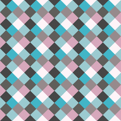 Seamless geometric checked pattern. Diagonal square, woven line background. Rhombus, patchwork texture. Blue, gray, rose, sea, soft colored. Winter, homosexual theme. Vector