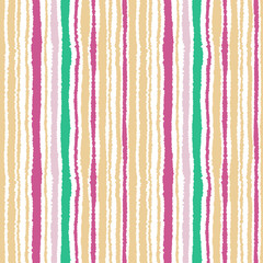 Seamless striped pattern. Vertical narrow lines. Torn paper, shred edge texture. Magenta, white, yellow contrast colored. Vector