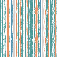 Seamless striped pattern. Vertical narrow lines. Torn paper, shred edge texture. Blue, white, orange soft colored. Vector