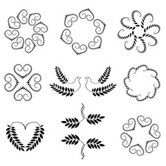 Laurel wreath, heart tattoo set. Wheats, swirl, circular view signs. Stylized unusual ornament. Valentine day, birthday, defense, belief, glory, love symbol. Vector
