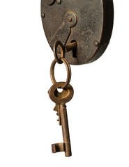 old padlock with key on white background close-up

