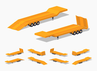 Yellow low-bed trailer. 3D lowpoly isometric vector illustration. The set of objects isolated against the white background and shown from different sides