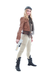 young blonde woman in a steampunk outfit, action hero pose. isolated on white background.