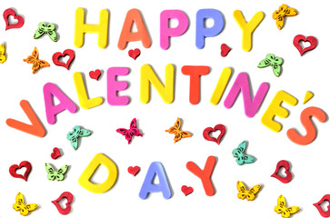 Text of colorful letters Happy Valentines day with multicolored butterflies and red hearts