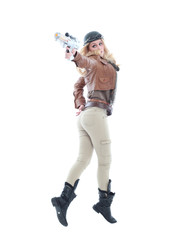 young blonde woman in a steampunk outfit, action hero pose. isolated on white background.