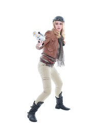young blonde woman in a steampunk outfit, action hero pose. isolated on white background.