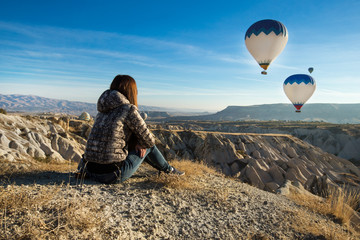 lonely traveler looking into the Cappadocia, Central Anatolia, T