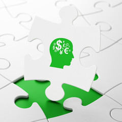 Learning concept: Head With Finance Symbol on puzzle background