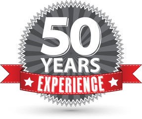 50 years experience retro label with red ribbon, vector illustra