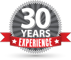 30 years experience retro label with red ribbon, vector illustra