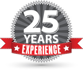 25 years experience retro label with red ribbon, vector illustra