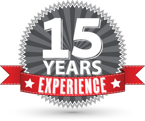 15 years experience retro label with red ribbon, vector illustration