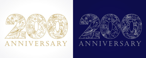 200 anniversary vintage golden and silver numbers. The template logo of 200th birthday in ethnic patterns and the birds of paradise.