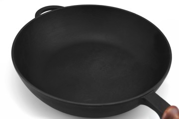Empty Modern Vintage Cast Iron Pan With Wooden Handle Isolated
