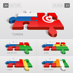 Fototapeta premium Russia and Tunisia, Burkina Faso, Ghana, Guinea, Cote d'Ivoire Flag. 3d vector puzzle. Set 23.