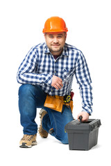 Portrait of construction builder isolated on white.