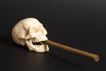 Human scull action smoking cigar on black background