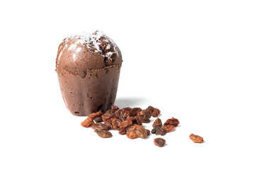chocolate muffin with raisins isolated on white background