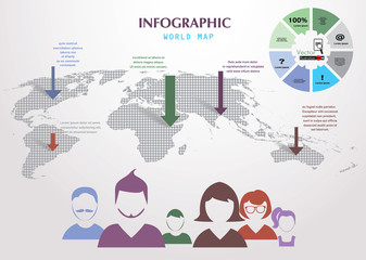 World map with pointer marks and icons of people