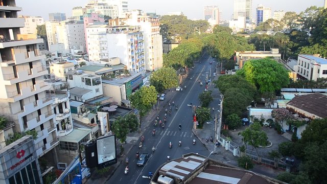 High angle view cityscape and traffic road near Ben Thanh Market on January 24, 2016 in Ho Chi Minh, Vietnam