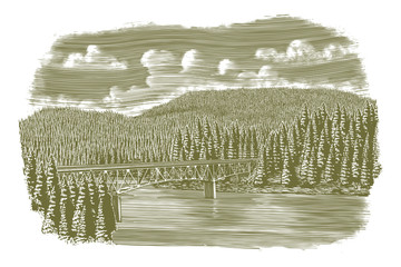 Panele Szklane Podświetlane  Ilustracja w stylu drzeworytu przedstawiająca most nad rzeką.