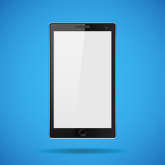 black phone with buttons on a blue background with shadow