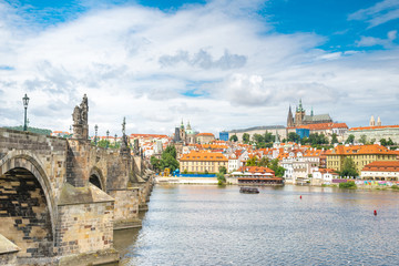 View of colorful old town and Prague castle with river Vltava, C