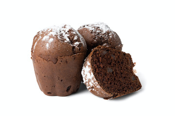 chocolate muffins with raisins isolated on white background