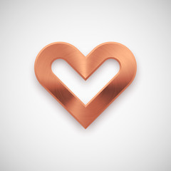 Bronze abstract heart sign badge, Valentines day blank button template with metal texture, chrome, steel, silver, copper, realistic shadow and light background. 14th february. Vector illustration.