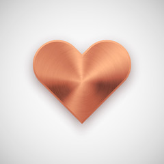Bronze abstract heart sign badge, Valentines day blank button template with metal texture, chrome, steel, silver, copper, realistic shadow and light background. 14th february. Vector illustration.