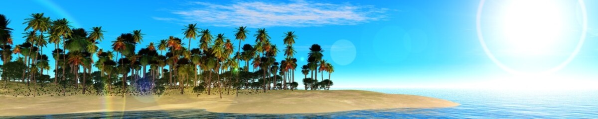 Fototapeta na wymiar ocean sunset, island in the sea, panoramic view of sunset in the sea, palm trees on the island.