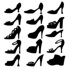 Set female shoe isolated black silhouette