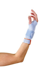 Man with Bent Elbow Wearing Wrist Brace in Studio.