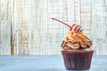 Chocolate Cupcakes on wood vintage background