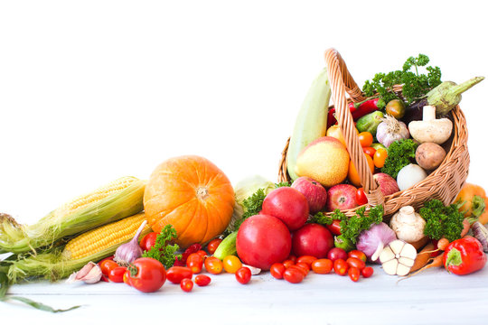 Fototapeta Composition with variety of fresh vegetables and fruits.