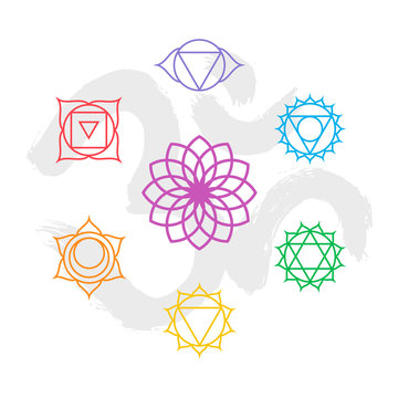 Color Chakra Icon Set Outline With Om Background