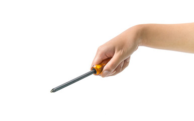 Hand holding screwdriver on white background
