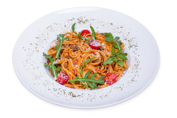 Spaghetti Bolognese with cherry tomatoes, isolated