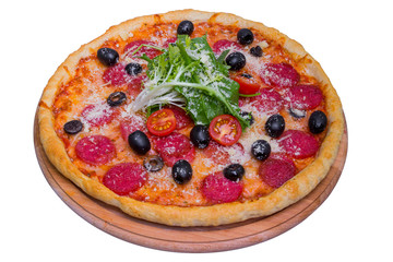 Whole salami pizza with cherry tomatoes, isolated