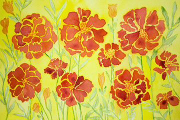 Impression of marigold on a yellow background. The dabbing technique gives a soft focus effect due to the altered surface roughness of the paper.