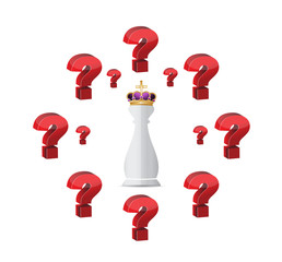 Chess king piece with question marks around